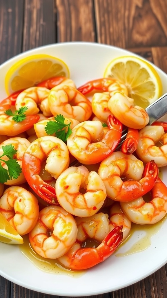 A delicious plate of spicy garlic shrimp garnished with parsley and lemon wedges.
